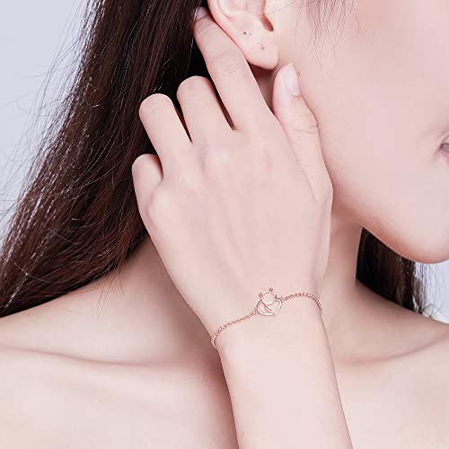 Rukyf 925 Sterling Silver Rose Gold Plated Chain Bracelet With Cat Love Heart Charm Adjustable Kitty Bracelets With Chain Length 6.5''-7.9'', Great Jewelry Gift For Teen Girls Women Cat Lovers #TOP3