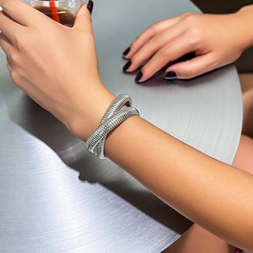 Gold Bangle Bracelets for Women Chunky Stretch Bracelets for Women 18K Gold Plated Stainless Steel Link Chain Bracelets Wide Gold Wristband Plus Size Bracelets Jewelry Gifts for Women3