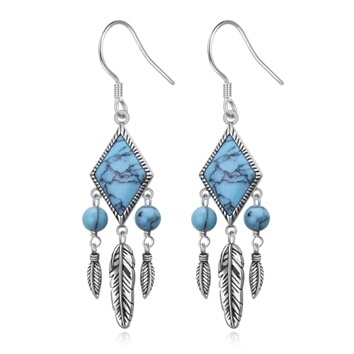 925 Sterling Silver Feather Turquoise Dangle Drop Earrings Jewelry Gift for Women