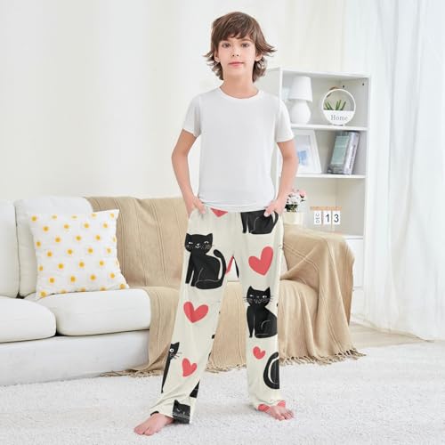 Cat Love Heart Boys Long Pants Soft Trousers Elastic Waist Kids Lounge Bottoms with Pockets S-XL 6