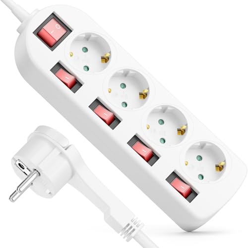 deleyCON Regleta 4 Tomas con Enchufe Plano - Interruptor ON/Off - Control Individual - 1,4m Cable - Base Múltiple Corriente Distribuidor Extensión Regleta Hogar Oficina 3680W - Blanco