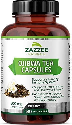 Zazzee Extra Strength Ojibwa Tea 500 mg, 180 Vegan Capsules, Rene Caisse's Original Formula‎, Burdock, Sheep Sorrel, Slippery Elm, Turkey Rhubarb, Potent 4:1 Extracts, Vegan, Non-GMO and All-Natural