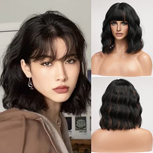 HAIRCUBE Perruques Noires Pour Femmes, Perruque de Cheveux Synthétiques Noir Mixte Brun Épaule Longueur Avec Frange