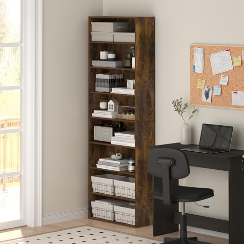 Image of Furinno Basic Book Shelf, 8-Tier Bookcase with Open Shelf, Standing Bookshelf, Cube Storage Organizer, 9 x 24 x 71, for Living Room, Bedroom, Home Office, Amber Pine