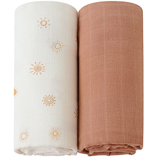 Image of LifeTree Baby Swaddle Blankets, Muslin Swaddle Blankets Boys Girls Swaddling Wrap Receiving Blanket Neutral for Newborn, Organic Cotton, Large 47 x 47 inches, Sunshine Print & Solid Color