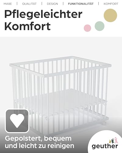 Laufgitter Baby Leon, 75x95 cm, 3-fach höhenverstellbar, schadstoffrei in Holz Weiß I Mobiler Laufstall faltbar mit gepolstertem Boden I Lawalu Absperrgitter Baby, Stubenwagen mit Rollen
