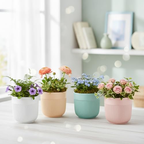 Image of Xtore 4 Pc Refined Minimal White Ceramic Planter Pot for Indoor Plants & Desk Styling | Compact Modern Tabletop Planter for Home, Office & Shelf Decor (Multicolor- Planters only)