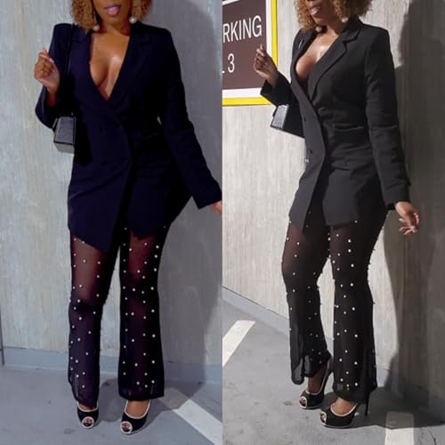 XZLUFNY Women Mesh Sheer See Through Bead Pants Elastic High Waist Flare Long Legging Trouser4