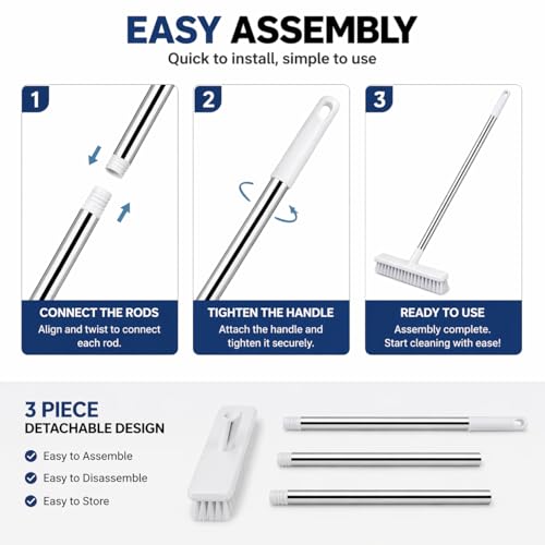 Image of Milton Bathroom Brush Floor Cleaning with Long Handle, 49 Inch Adjustable Scrub Brush with 3 Section Stainless Steel Rod Hard Bristle Tile Scrubber for Bathroom, Kitchen, Wall & Floor Cleaning Tool