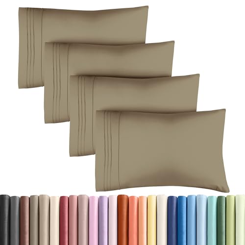 King Pillow Cases Set of 4 - Ultra Soft Cozy Pillowcase Covers - Khaki