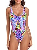 RELLECIGA Women's Purple Leopard High Cut Low Back One Piece Thong Swimsuit for Women Size Medium