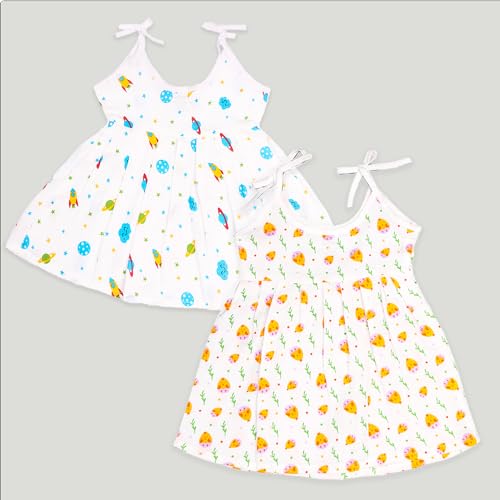 Image of Kidbea Extra Soft Muslin Cotton Frock Cloth for Baby Girl | Space and Mickey Print Pack of 2 for 3 to 6 Months