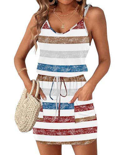 Image of AUSELILY Womens Summer Dresses Sleeveless Spaghetti Strap Beach Cover up Drawstring Waist Mini Short Dress with Pockets