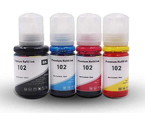 4 ink Compatible with Epson 102 BLACK 140ml XL CYAN 70ml MAGENTA 70ml YELLOW 70ml refill ink bottles for Epson EcoTank ET-2700, ET-2750, ET-3700, ET-3750, ET-4750 printers
