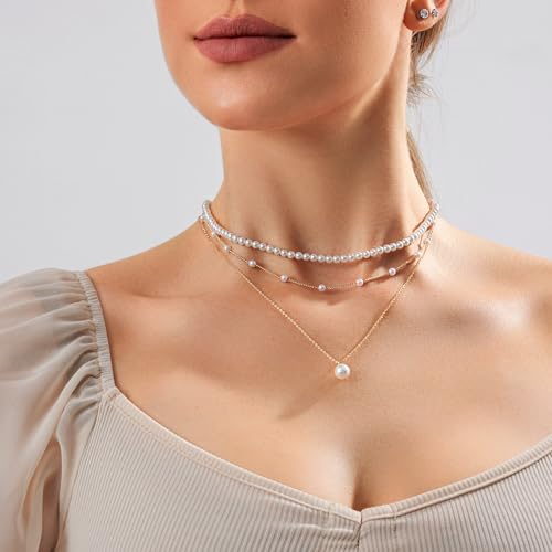 image for Zeffy Layered Gold Pearl Necklaces for Women 14K Gold Plated Dainty La