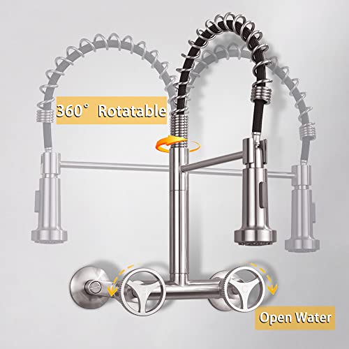 Dolgaba Wall Mount Pull Down Faucet 8 Inch Center High Arc Dual Handle Kitchen Faucet With 2 Function Sprayer, Brushed Nickel #TOP2