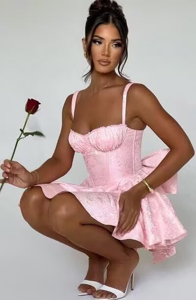 RSOETOO Satin Short Cocktail Dresses with Bows for Teens Spaghetti Straps Cocktail Prom Gowns RO1993