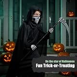 GUOYOU Czteroczęściowy zestaw kosy na Halloween, Cosplay, kostium męski, dekoracja, ponury i żniwiarz, kostium męski, czarna peleryna, kostium na Halloween, imprezę, maskaradę (dziecko)