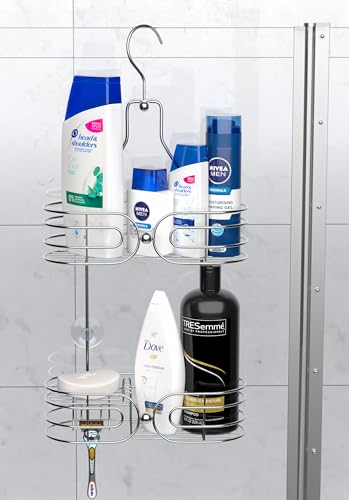 SKATCO Hanging Shower Caddy - 2-Tier Rust-Resistant Stainless Steel Shelves Chrome Rack Organizer Bathroom Basket Storage Holds Shampoo, Conditioner, Soap, Bath Sponge, Scrubs, Razors, Washcloths