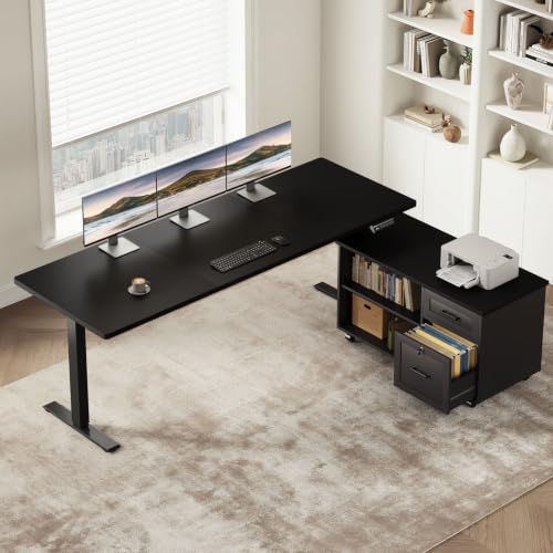 Image of OffiGo 63 Inch L Shaped Electric Standing Desk with Cabinet Sets, Black | Mobile Drawers & File Cabinet Sets for Flexible Layout, Height Adjustable Executive Stand Up Desk for Home Office Workstation