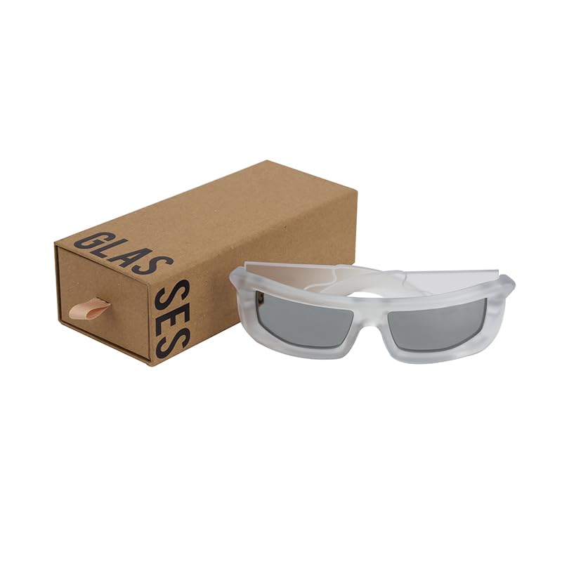 Futuristic Rectangle Sunglasses, Frosted White Frame, Gray Lenses4