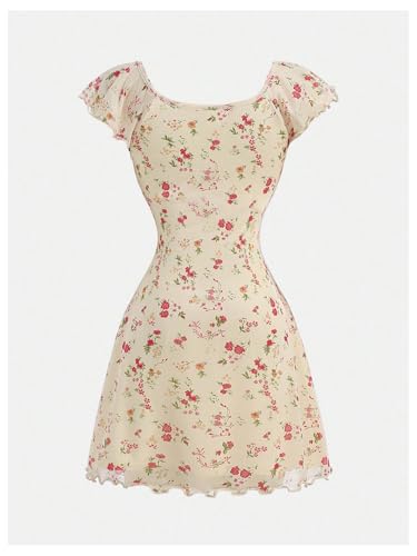 SweatyRocks Girl's Floral Print Mesh Summer Dresses Tie Front Ruffle Sleeve A Line Short Dress2