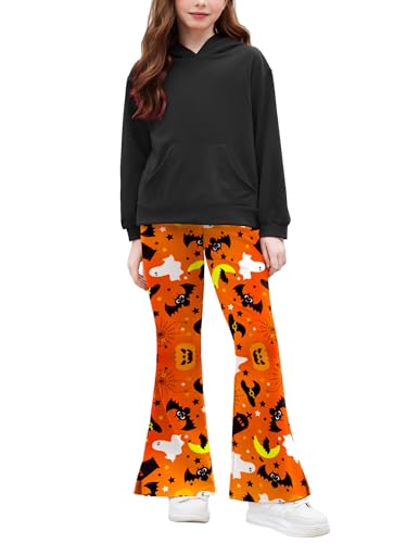 Arshiner Girls 2 Piece Outfits Sweatsuits Sets Kangaroo Pocket Long Sleeve Hooded Sweatshirt with Flare Sweatpants Sets