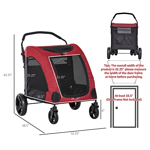 PawHut Pet Stroller Universal Wheel with Storage Basket Ventilated Foldable Oxford Fabric for Medium Size Dogs, Red - Image 4