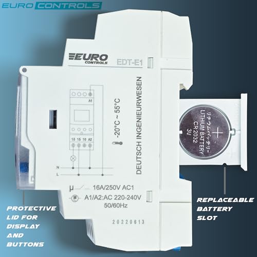 Image of EuroControls EDTE1 Timer - Weekly and Pulse programmable Timer- 50 On and Off Programs - Replaceable Battery - Back lit Display - Automatic time Relay /Switch - 16A TUV Certified Relay - 1 c /o 240vAC