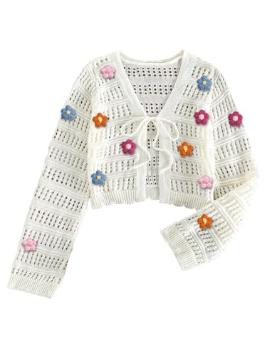 SHENHE Women's Hollow Out Tie Front Knit Cardigan V Neck Sheer Cute Flower Cardigan