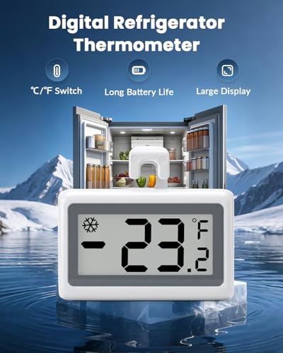 Refrigerator Thermometer Digital 3 Pack, Fridge Freezer Thermometer with Large LCD Display, Magnetic Freezer Temperature Gauge with ℃/℉ Switch for Kitchen, Home, Room