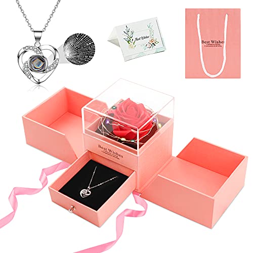 Rosa eterna real, hecha a mano, con cadena de amor, caja de regalo, regalo de cumpleaños para madre, regalo romántico para esposa, aniversario, día de San Valentín, cumpleaños (rosa)
