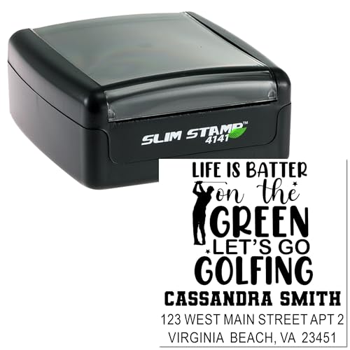 Image of Pocket Size Golf Champion Crest Slim Pre Inked Address Stamp Customized | Golf Stamp Customized. Choice of 5 ink colors. Pocket Size Rubber Stamp. Refillable reservoir. 1-5 /8 inch square imprint.