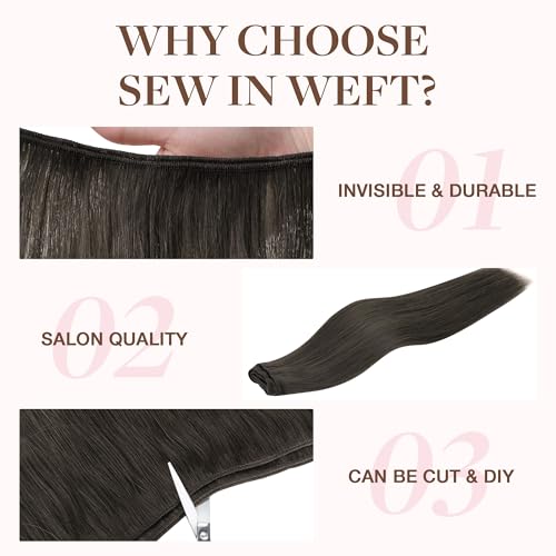 Image of GOO GOO Sew in Hair Extensions Real Human Hair, Weft Hair Extensions Human Hair, 1C Mocha Brown 14Inch 80g, Weft Bundles Straight Silky Remy Hair
