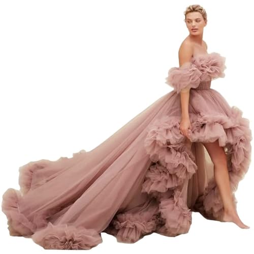 Strapless Flowy Prom Dress for Women Long Poofy Tulle Ball Gown with Train Ruffled Women's Photoshoot Dress Dusty Rose