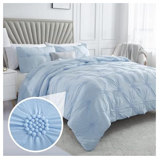 Swift Home Bedding Comforter Sets, Luxury and Lightweight 3-Piece Ruched 3D Floral Pintuck Comforter Sets, Machine Washable - Baby Blue, Full/Queen
