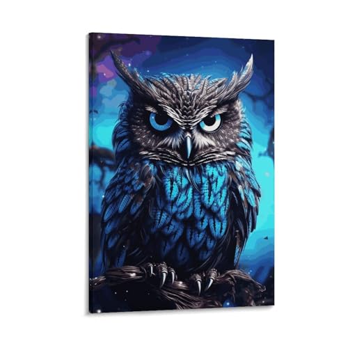 Tableau hibou bleu décoration moderne pour salon et chambre