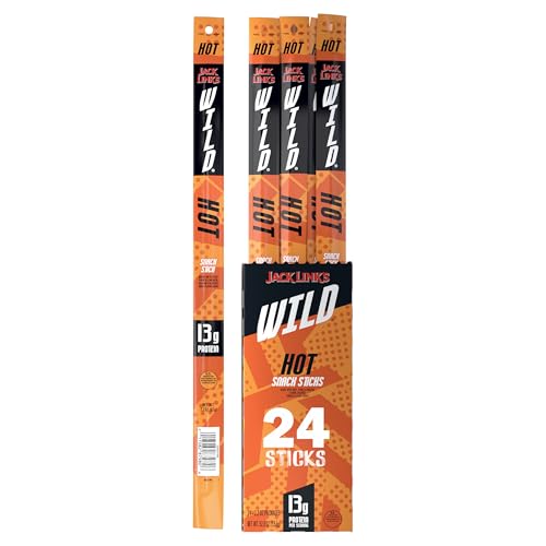 Jack Link's WILD Snack Sticks, Hot Spicy Protein Snack Sticks with 13g of Protein per Serving, Keto Friendly, Individually Wrapped 2.2 Oz. (Pack of 24)