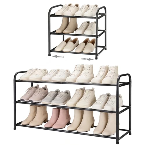Fentar Zapatero Extensible, 3 Niveles Negro Zapatero Metalico, Zapateras Pequeño para Habitación Exterior Entrada Recibidor Interior Armario, Zapateras Abierto para Ahorrar Espacio para 6-12 Pares
