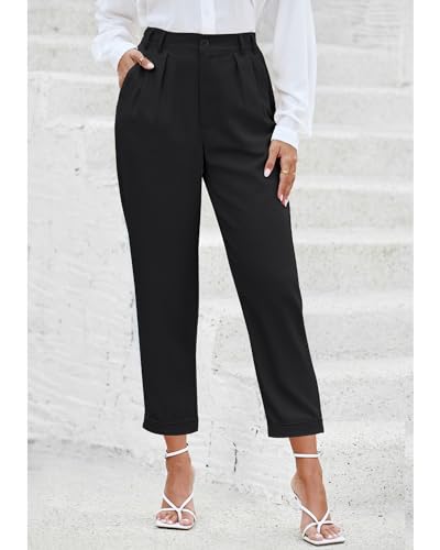 GRAPENT Capri Dress Pants for Women High Waisted Pleated Lightweight Straight Leg Elastic Wasit Crop Trousers Work Pants3
