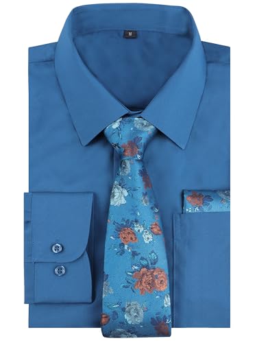 Alizeal Mens Dress Shirt with Tie Pocket Square Set Classic Long Sleeve Shirts Matching Necktie Button Down Shirt, Teal-M