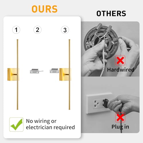 Image of Battery Operated Wall Sconces Set of Two Wireless with Remote Control,350Rotate,3000K-6000K Gold Modern LED Rechargeable Indoor Wall Lights for Living Room,Bedroom,Stairs,27.5 Inch (2 Pack)