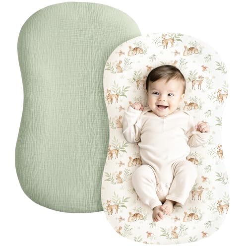 Image of Konssy Muslin Baby Lounger Cover 2 Pack, 100% Cotton Newborn Lounger, Soft and Breathable for Boys & Girls (Woodland, Sage)