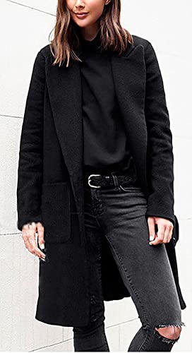 Chouyatou Women's Winter Hidden Single Breasted Long Wool Coat Formal Office Wool Overcoat (Large, Black) #TOP2