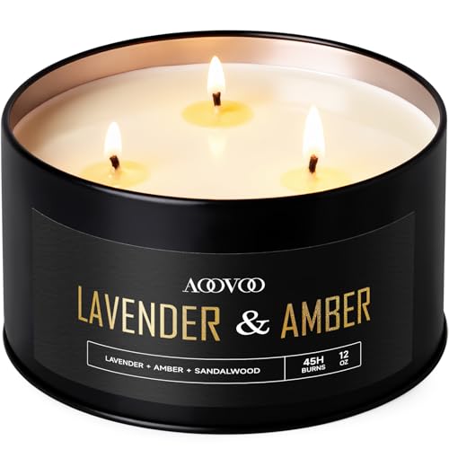 Image of AOOVOO Lavender Amber Candles for Men - 3 Wick 12oz Black Scented Candle | Long Lasting Soy Candles for Home Scented, Masculine Candle Gift for Father Day, Women & Men, Non Toxic, Large