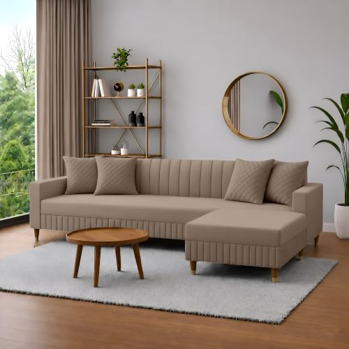Image of AMATA Omega Solid Wood 4 Seater L Shape Camel Suede Velvet Sofa Set with Four Cushions Perfect for Home Office Guests Living Room (03 Camel, Omega L Shape 4 SSEATER)(3 Year warrantty)