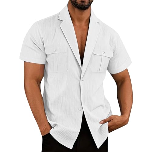 Short Sleeve Shirts for Men V Neck Button Down Tshirts Fashion Casual Travel Beach Tops with Pockets White