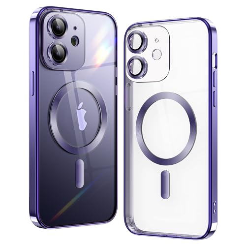 Matallic Glossy Clear for iPhone 12 Case Compatible with MagSafe with Plating Full Camera Protection [Strong Magnetic Attraction] Slim Thin Phone Case Shockproof for Women Girls(6.1")-Purple