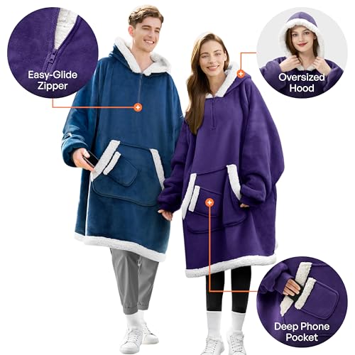 Image of Giggling Getup Wearable Blanket Hoodie for Women Men Gifts for Women Mom Wife Sherpa Fleece Hooded Blanket Sweatshirt Warm Cozy Sherpa Wearable Throw with Pocket & Sleeves for Adult Standard Purple