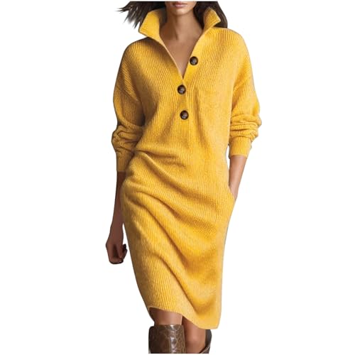 Lovraj Vestido de punto para mujer de longitud hasta la rodilla, vestido de jersey con cuello de solapa, vestido con botones, de un solo color, vestido de manga larga, vestido de invierno, vestido